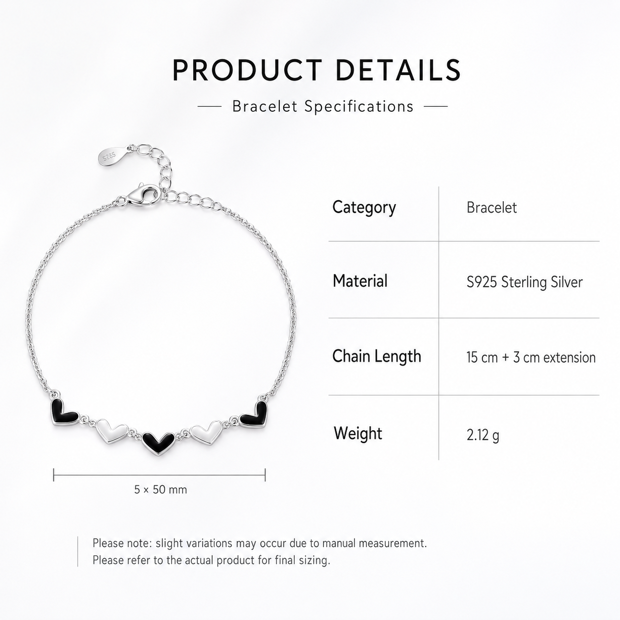 Black & White Heart Bracelet — S925 Silver Enamel | Minimalist Gift for Her