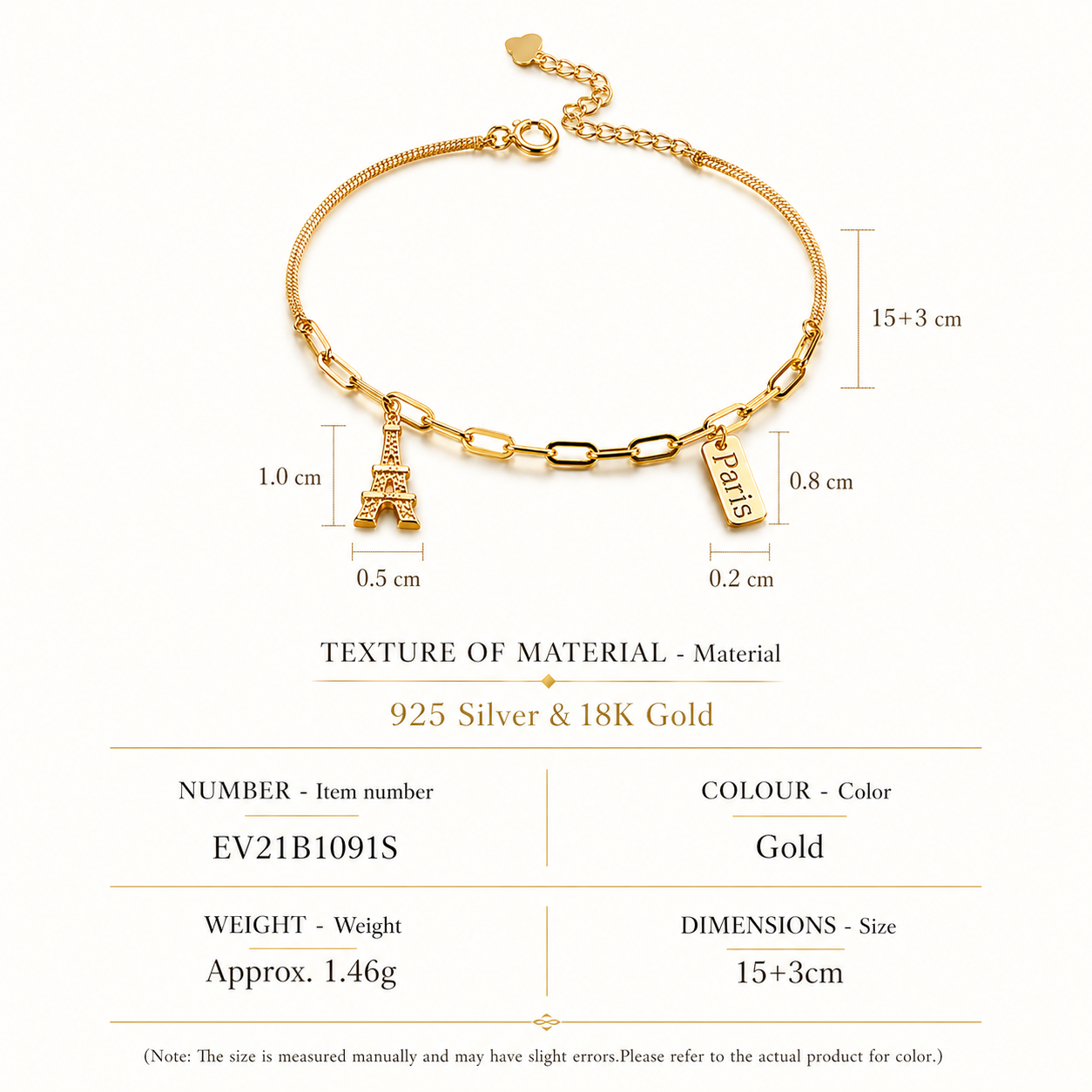 Silver Bracelet With K Gold-Plated Eiffel Tower Pendant S925 Sterling