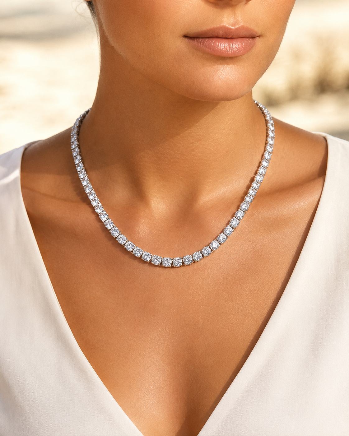 Tennis Necklace – S925 Sterling Silver Round-Cut CZ Necklace White Gold Chain