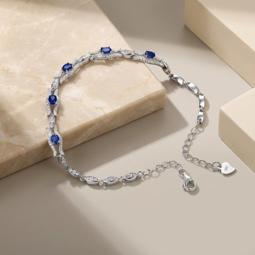 Elegant Blue Gemstone Bracelet Ladies' S925 Sterling Silver Set High-Quality