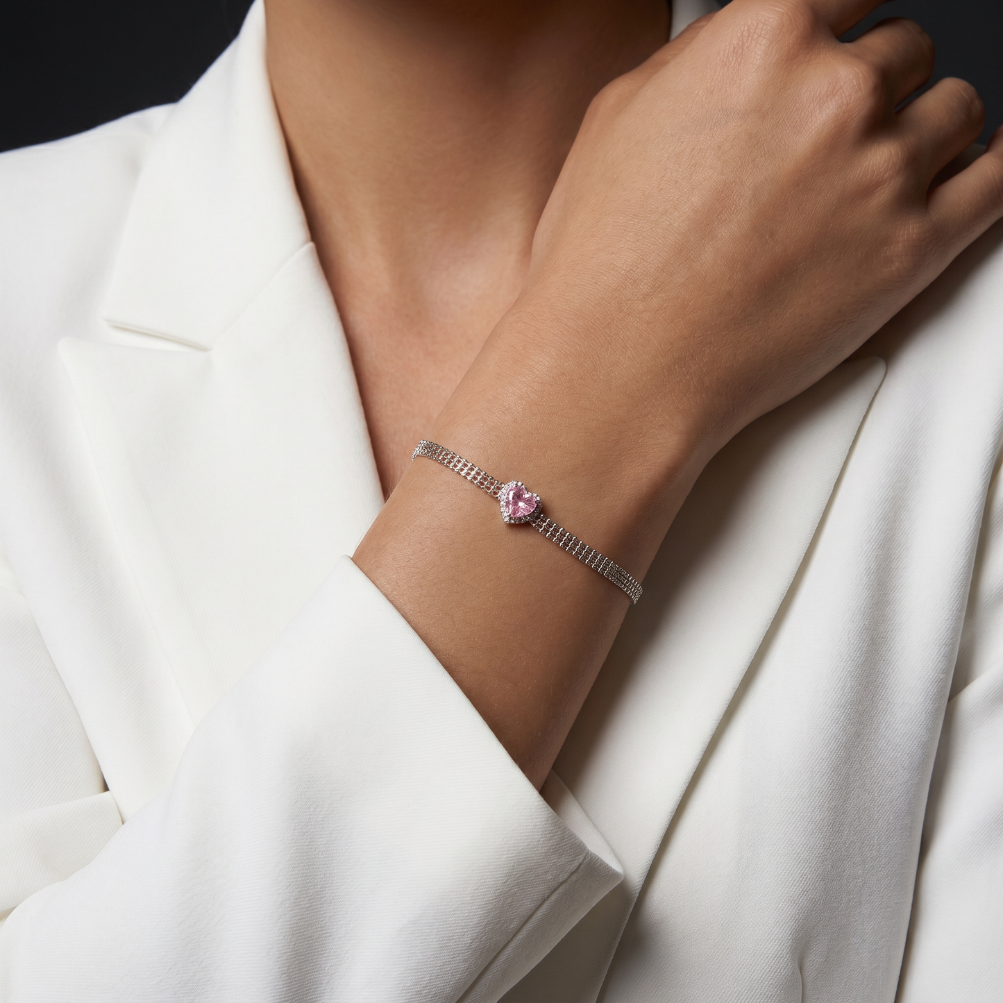 Pink Heart Bracelet — S925 Silver Popcorn Chain CZ Halo Heart Gift for Her