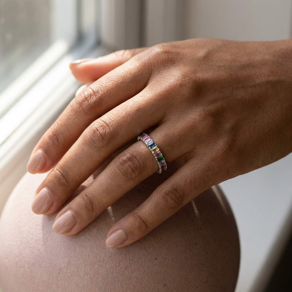 Model wearing Rainbow Eternity Ring in sterling silver