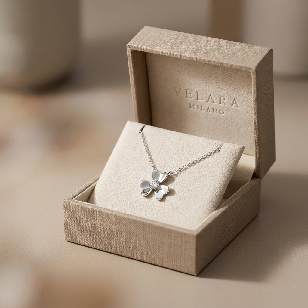 Velara Milano clover pendant necklace in beige linen jewelry box