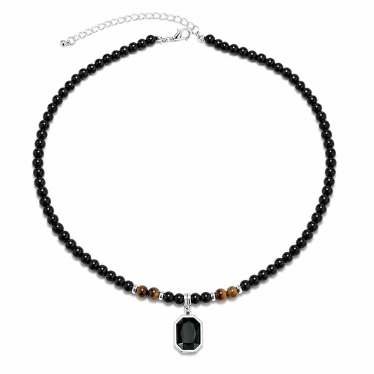 Men's Black Onyx & Tiger's Eye Beaded Necklace with Octagon Pendant