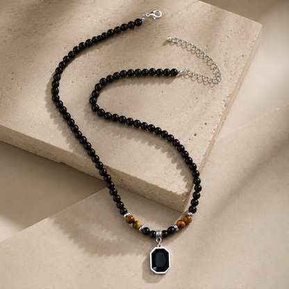 Men's Black Onyx & Tiger's Eye Beaded Necklace with Octagon Pendant