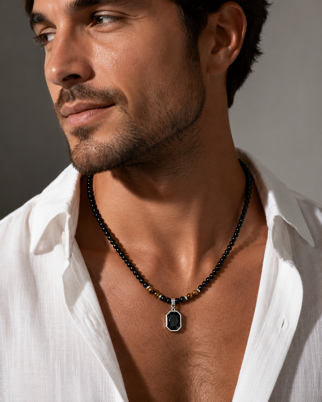 Men's Black Onyx & Tiger's Eye Beaded Necklace with Octagon Pendant