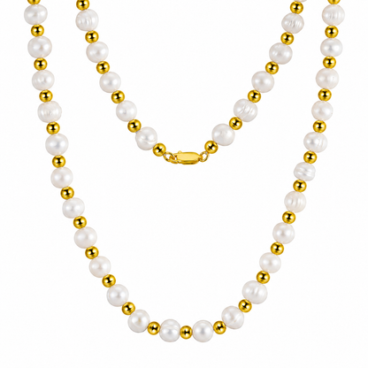 Freshwater Pearl & Gold Bead Necklace – 925 Sterling Silver