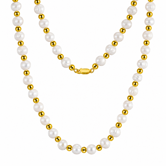 Freshwater Pearl & Gold Bead Necklace – 925 Sterling Silver