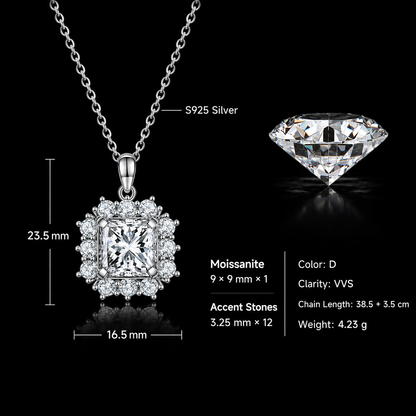 S925 Sterling Silver 4ct Princess Cut Moissanite Necklace D Color VVS1