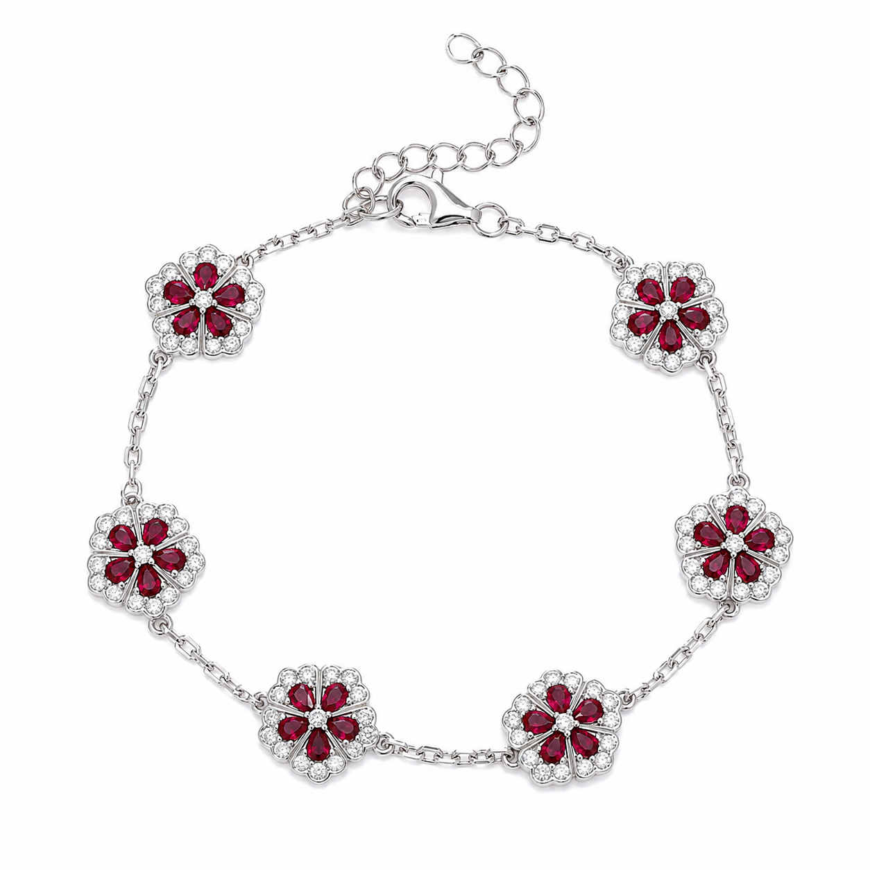 Sterling Silver Floral Bracelet – Ruby-Red Stones & Moissanite Accents