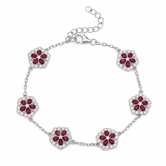 Sterling Silver Floral Bracelet - Ruby-Red Stones and Moissanite Accents | Velara Milano