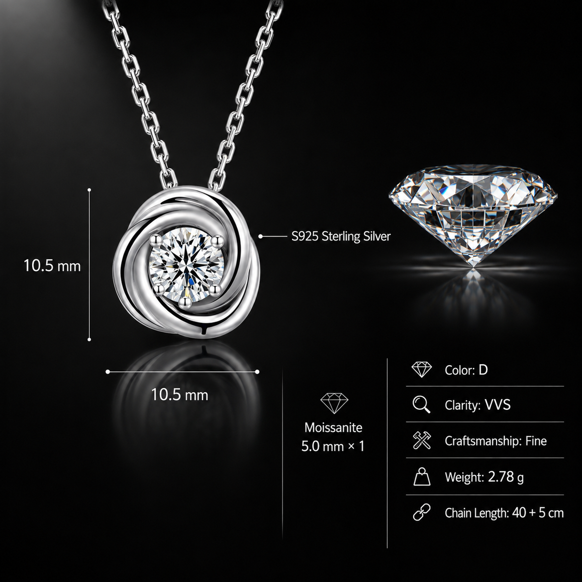 Spiral Moissanite Pendant Necklace | Platinum-Plated 925 Silver