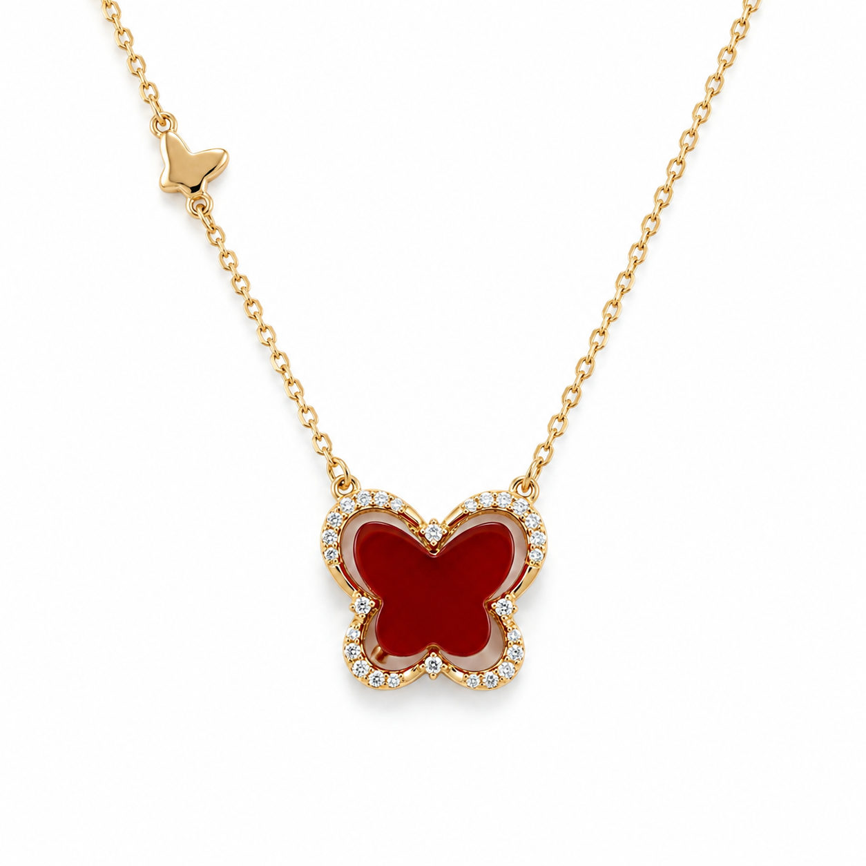Red Butterfly Necklace — 18K Gold Plated S925 Silver | CZ Halo Carnelian Pendant | Gift for Her