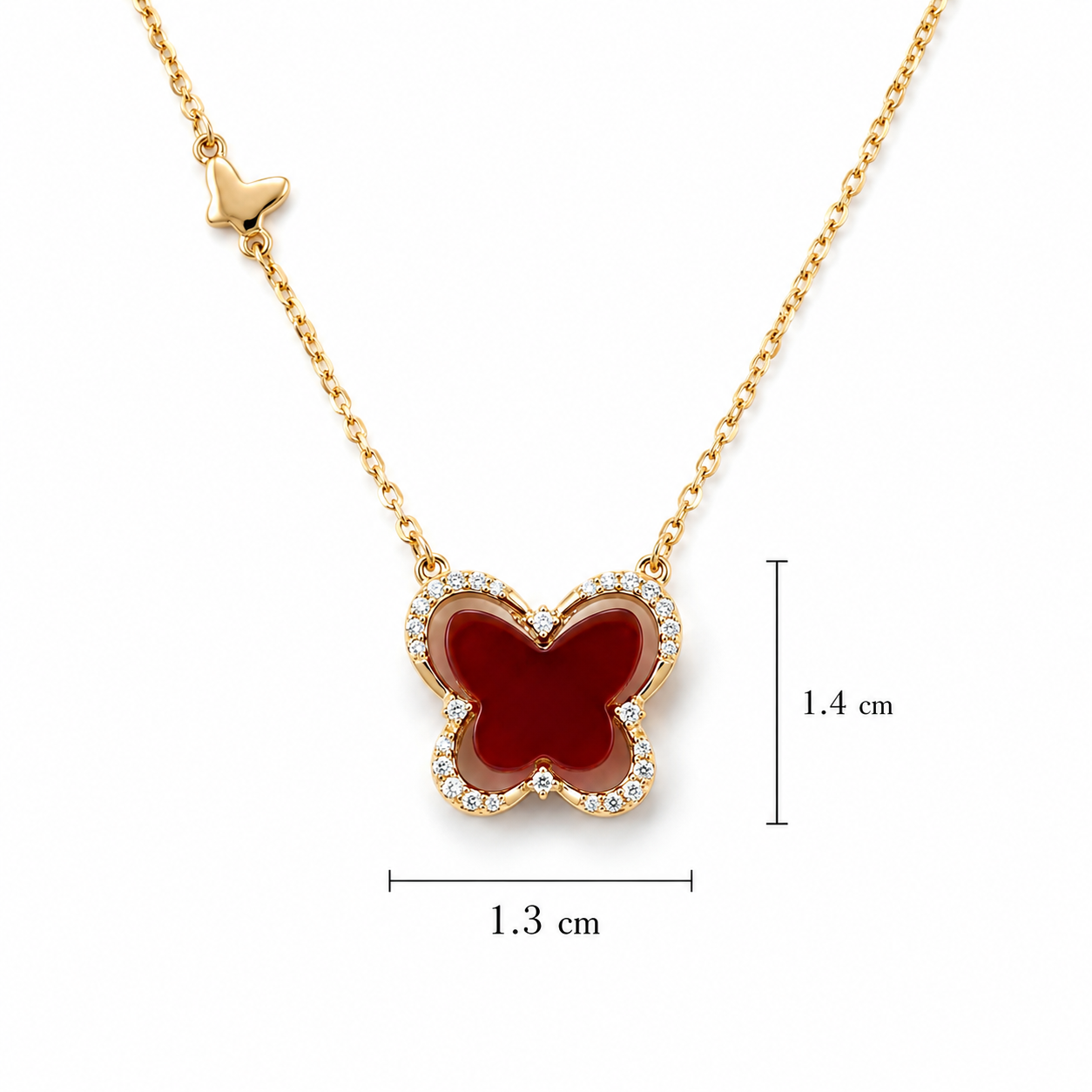 Red Butterfly Necklace — 18K Gold Plated S925 Silver | CZ Halo Carnelian Pendant | Gift for Her