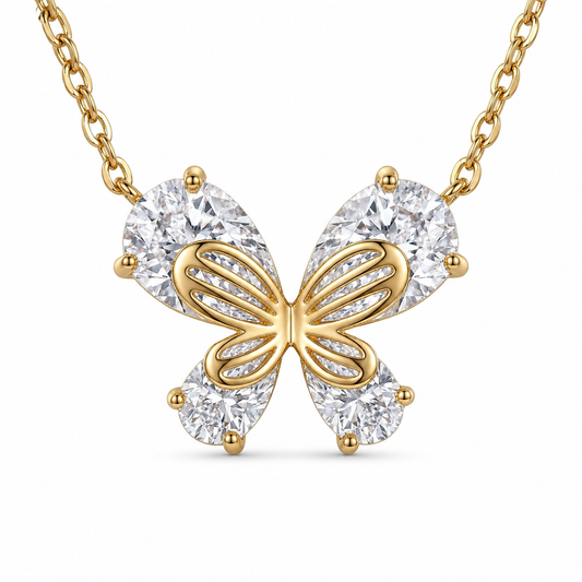 Pear-Cut Crystal Butterfly Pendant Necklace 925 Sterling Silver