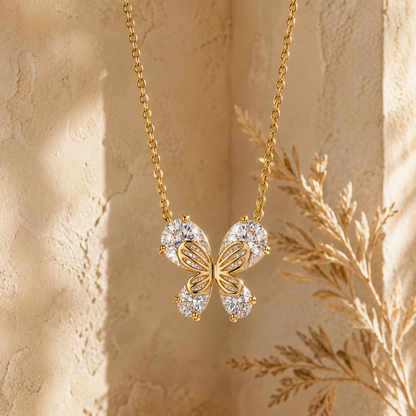 Pear-Cut Crystal Butterfly Pendant Necklace 925 Sterling Silver