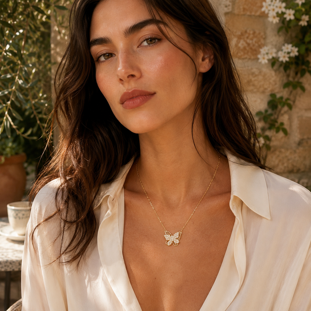 Sparkling Butterfly Pendant Necklace with Fine Diamond Accents S925 Sterling gold plating