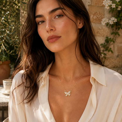 Sparkling Butterfly Pendant Necklace with Fine Diamond Accents S925 Sterling gold plating