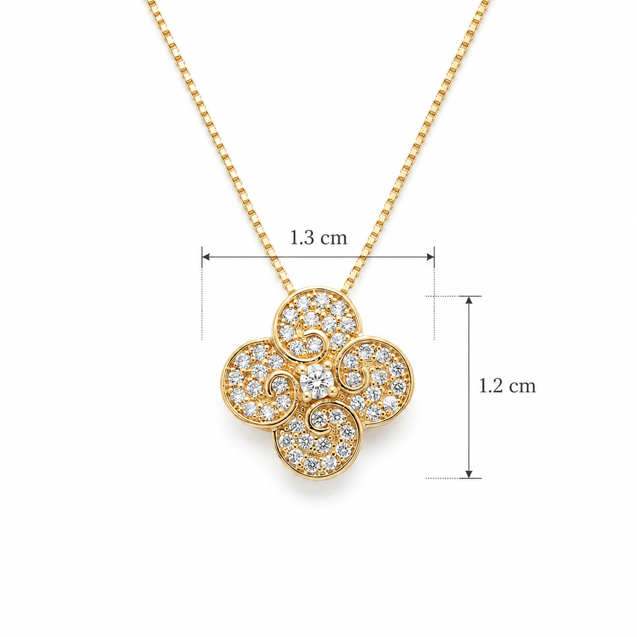 Scrolled Diamond Clover Pendant Necklace with Fine Box Chain S925 Sterling Silver gold plating