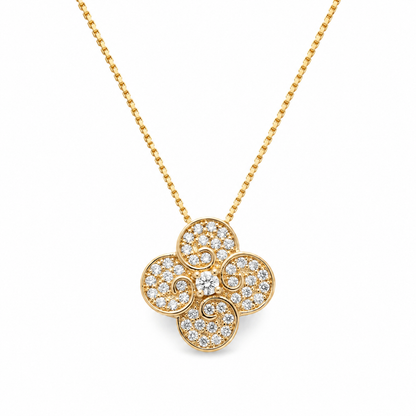 Scrolled Diamond Clover Pendant Necklace with Fine Box Chain S925 Sterling Silver gold plating