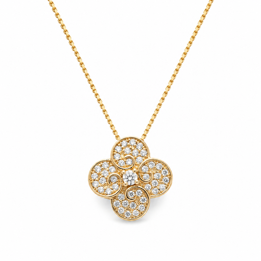 Scrolled Diamond Clover Pendant Necklace with Fine Box Chain S925 Sterling Silver gold plating