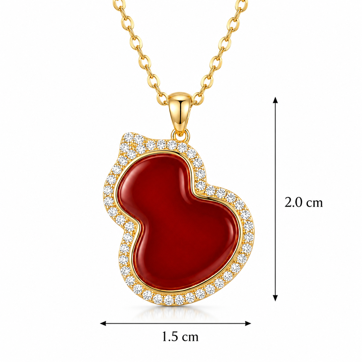 Red Carnelian Hulu Gourd Pendant Necklace with Sparkling Crystal Halo S925 Sterling gold plating