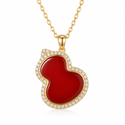 Red Carnelian Hulu Gourd Pendant Necklace with Sparkling Crystal Halo S925 Sterling gold plating