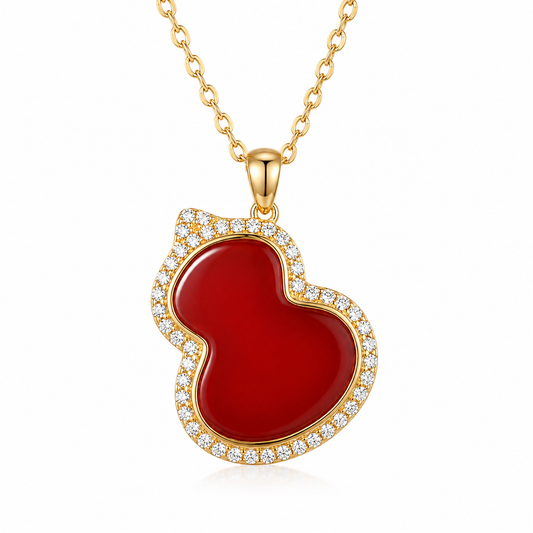 Red Carnelian Hulu Gourd Pendant Necklace with Sparkling Crystal Halo S925 Sterling gold plating