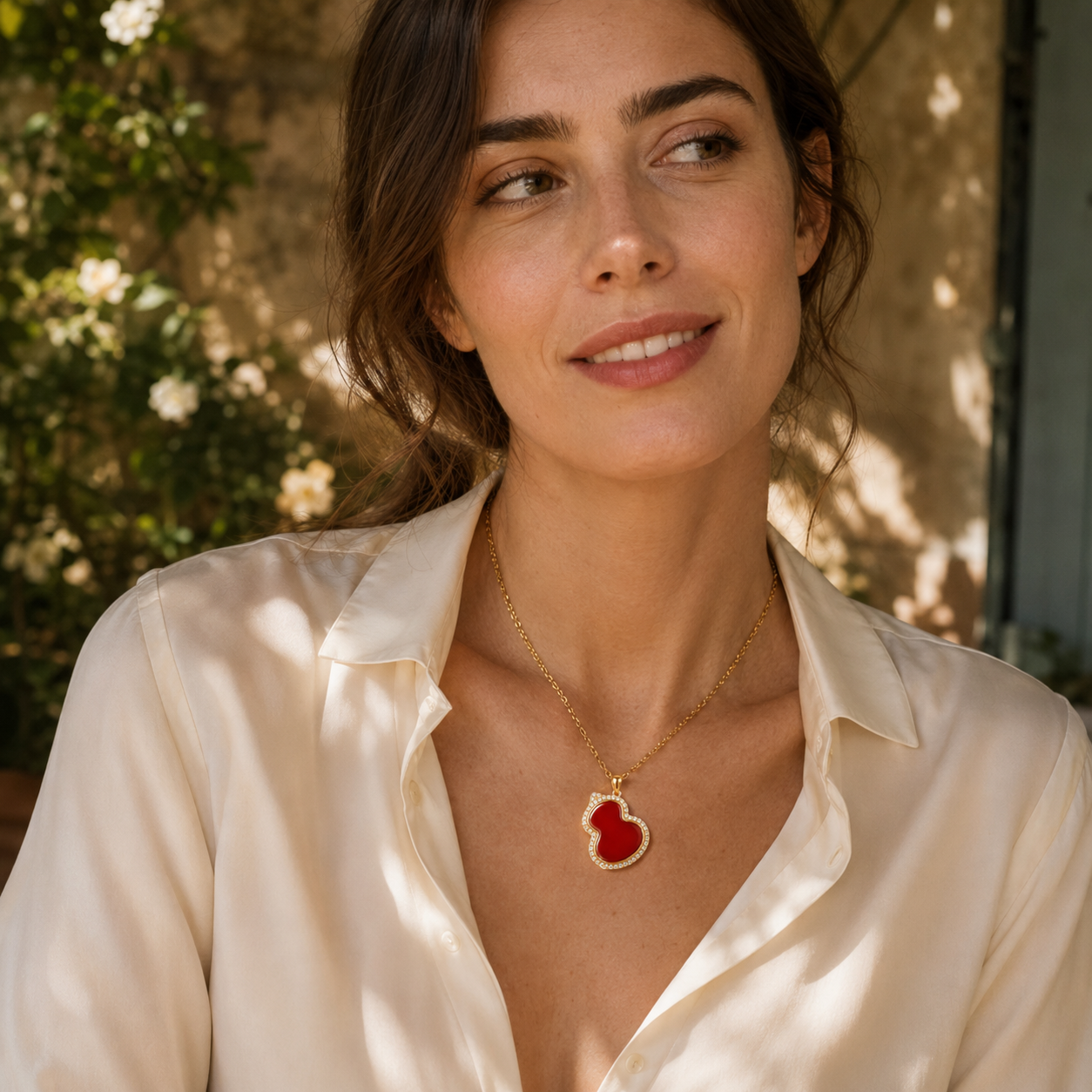 Red Carnelian Hulu Gourd Pendant Necklace with Sparkling Crystal Halo S925 Sterling gold plating