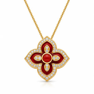 Radiant Red Enamel and Diamond Quatrefoil Pendant Necklace S925 Sterling gold plating