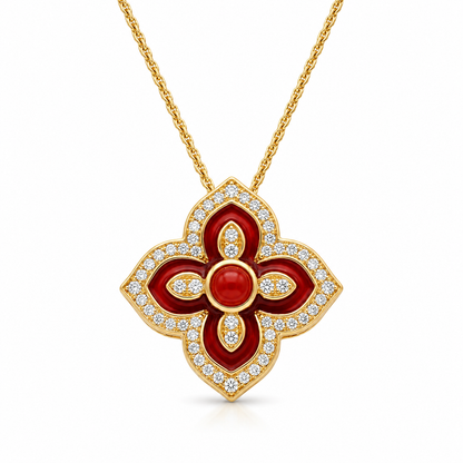 Radiant Red Enamel and Diamond Quatrefoil Pendant Necklace S925 Sterling gold plating