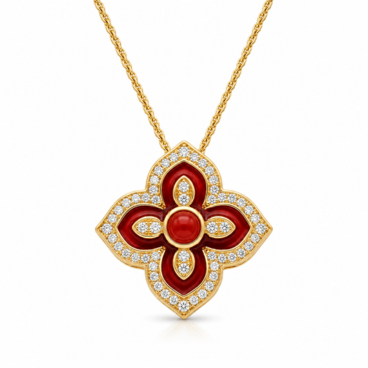 Radiant Red Enamel and Diamond Quatrefoil Pendant Necklace S925 Sterling gold plating
