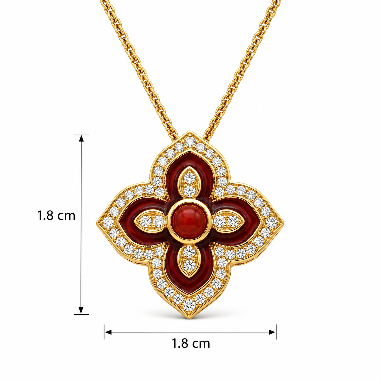 Radiant Red Enamel and Diamond Quatrefoil Pendant Necklace S925 Sterling gold plating
