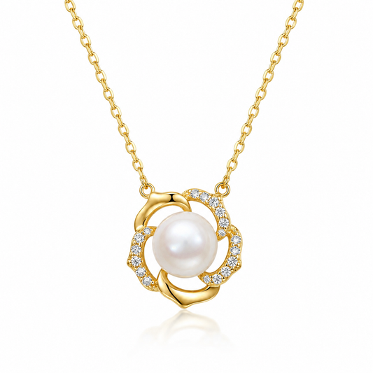 White Pearl Floral Swirl Pendant Necklace with Shimmering Accents S925 Sterling Silver