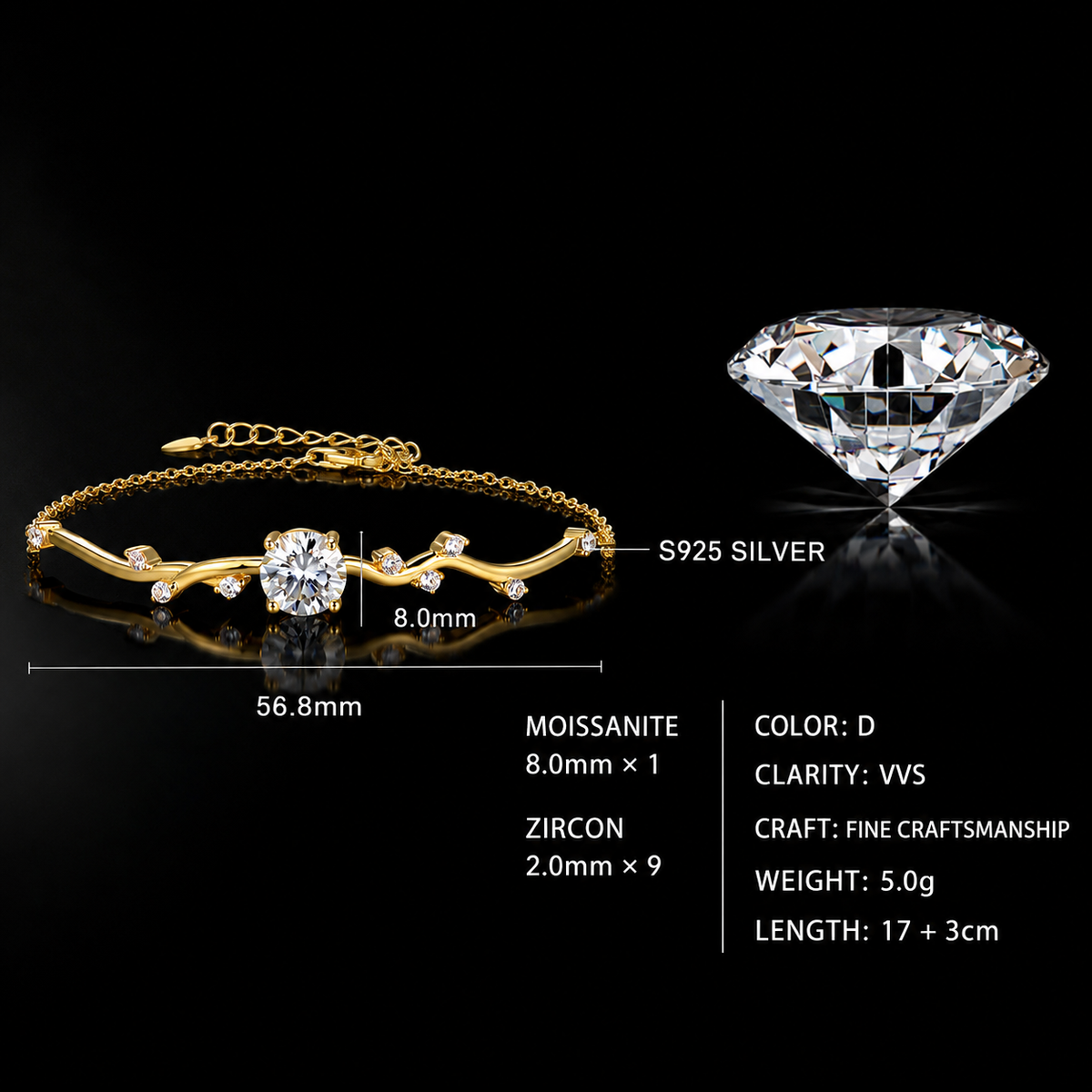 Gold Plated Vine Branch Bracelet | 2CT Moissanite Solitaire | S925 Sterling Silver Adjustable