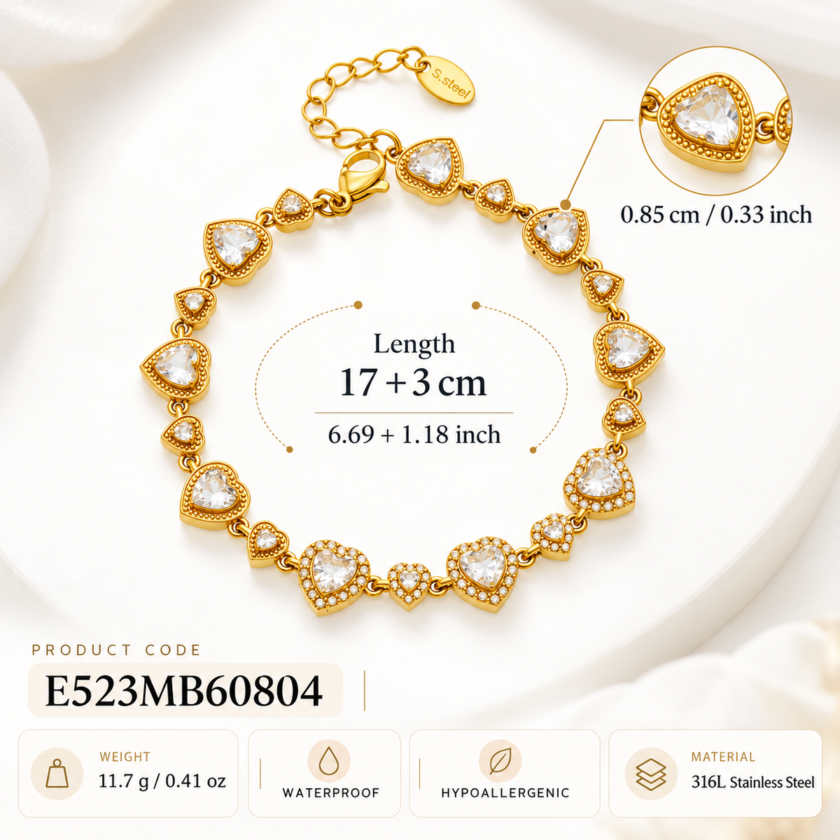 Crystal Heart Charm Bracelet — 18K Gold Plated