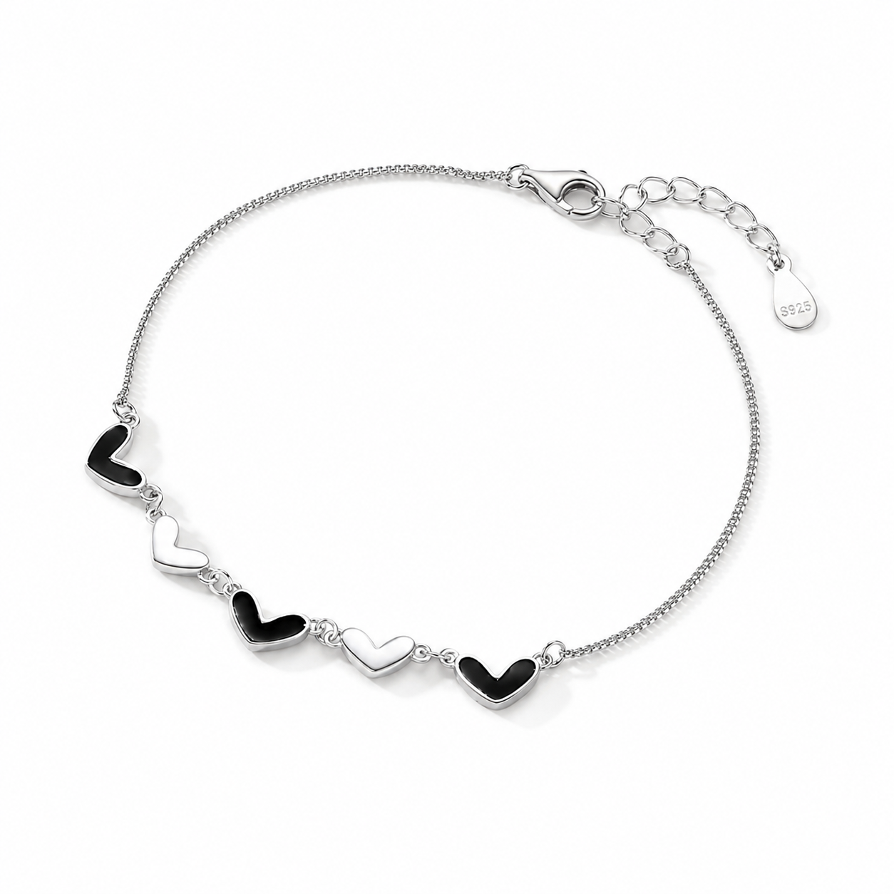 Black & White Heart Bracelet — S925 Silver Enamel | Minimalist Gift for Her
