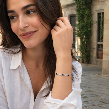 Black & White Heart Bracelet — S925 Silver Enamel | Minimalist Gift for Her