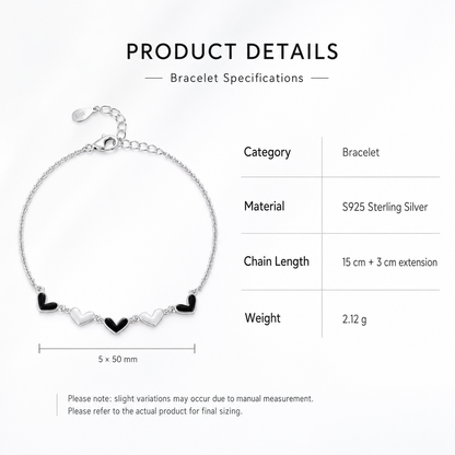 Black & White Heart Bracelet — S925 Silver Enamel | Minimalist Gift for Her