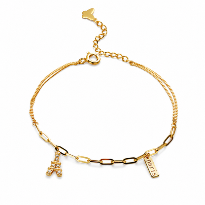 Silver Bracelet With K Gold-Plated Eiffel Tower Pendant S925 Sterling