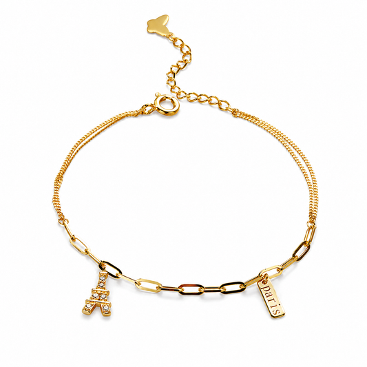 Silver Bracelet With K Gold-Plated Eiffel Tower Pendant S925 Sterling