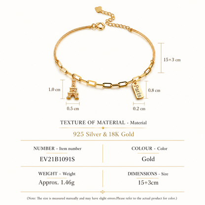 Silver Bracelet With K Gold-Plated Eiffel Tower Pendant S925 Sterling