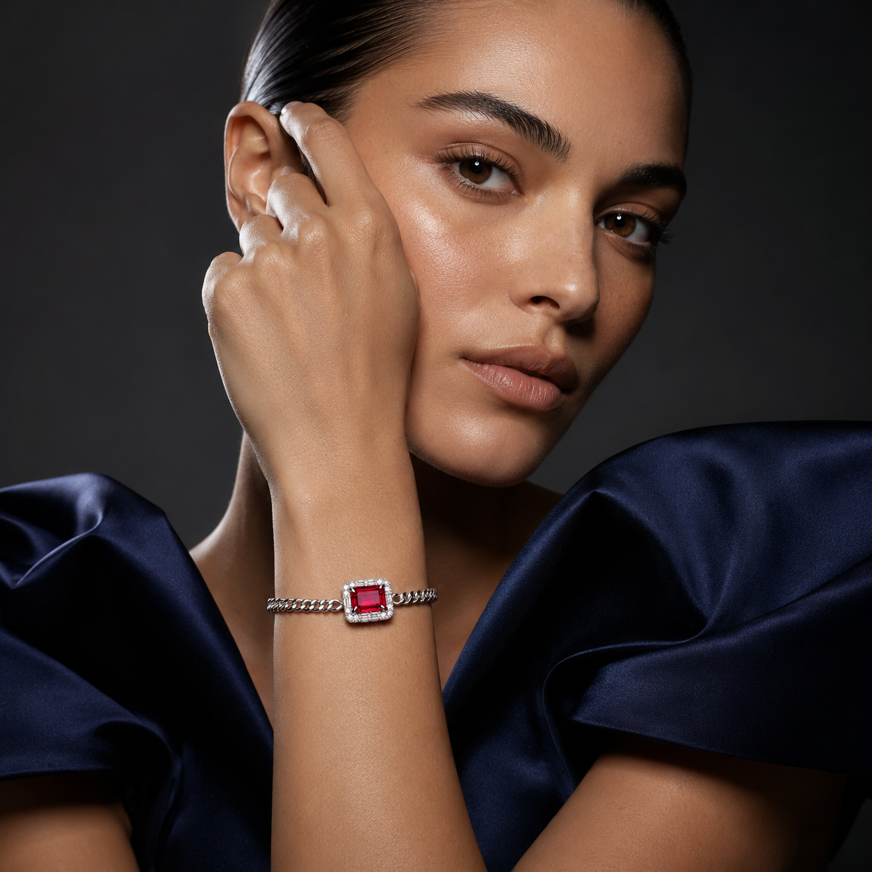 S925 Silver Cuban Link Bracelet with 8x6mm Lab-Grown Ruby