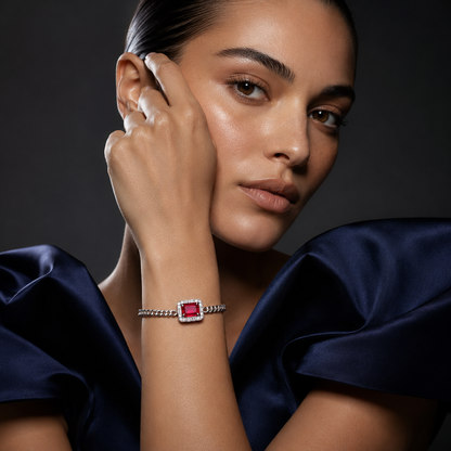S925 Silver Cuban Link Bracelet with 8x6mm Lab-Grown Ruby