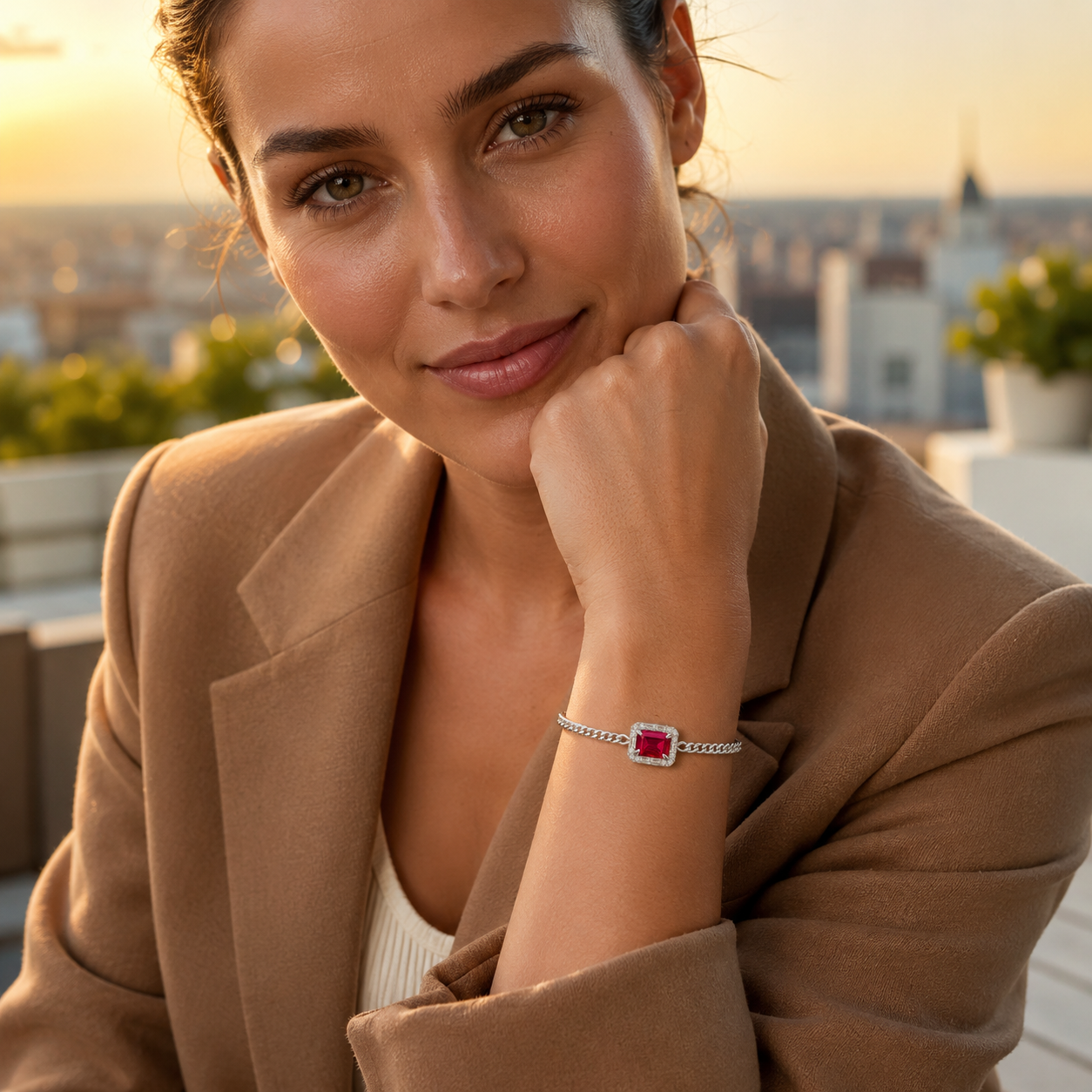 S925 Silver Cuban Link Bracelet with 8x6mm Lab-Grown Ruby