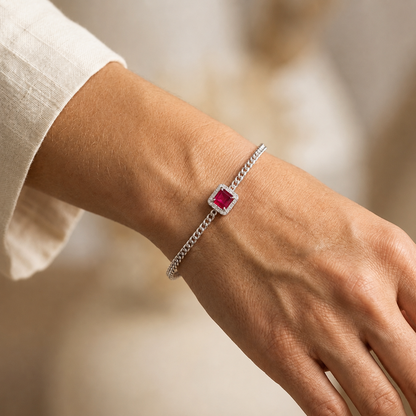 S925 Silver Cuban Link Bracelet with 8x6mm Lab-Grown Ruby