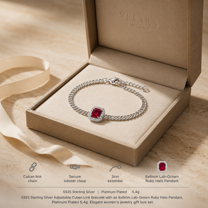 S925 Silver Cuban Link Bracelet with 8x6mm Lab-Grown Ruby