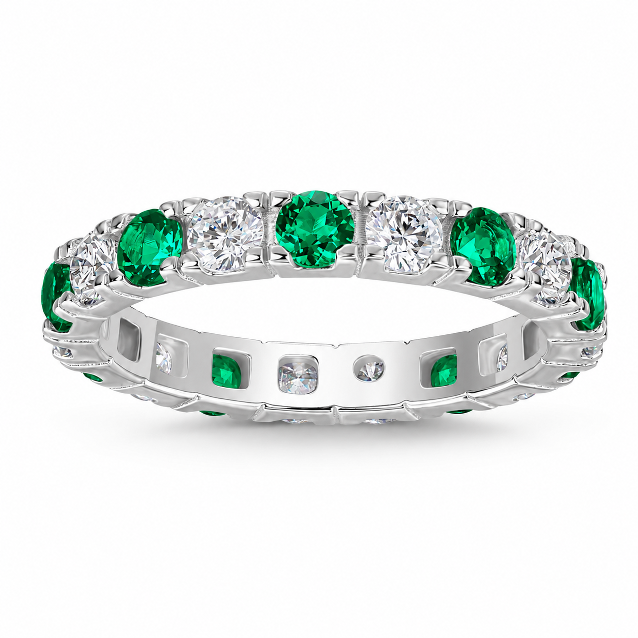 Emerald Green & White Eternity Ring | S925 Sterling Silver Platinum Plated