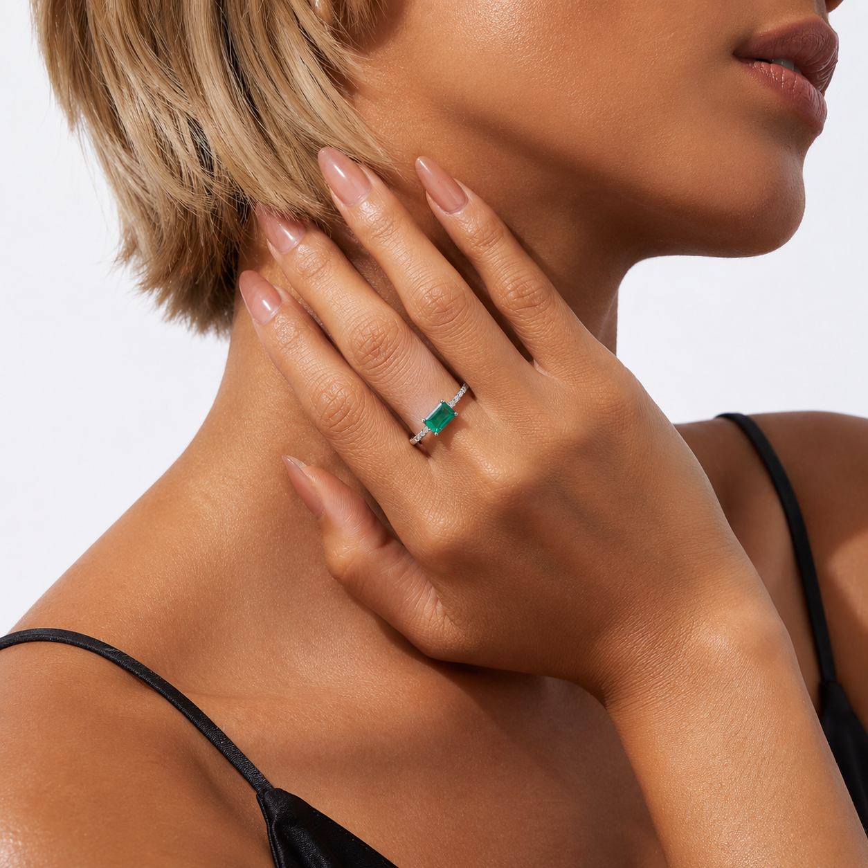 Emerald Ring Plated Octagon-Cut Lab-Grown S925 Sterling Silver Platinum