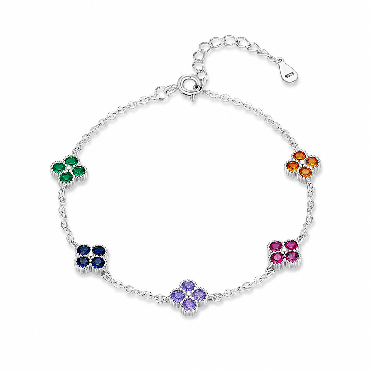 Rainbow Flower Charm Bracelet — S925 Silver | Multicolor CZ Clover | Dainty Gift for Her
